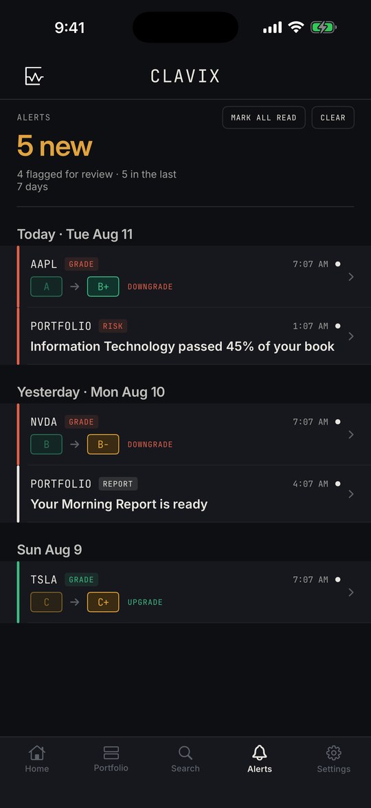 Clavix alerts feed with grade-change cards